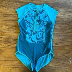 Athleta Girl Short Sleeve One Piece Swimsuit XXL 16 Blue Floral Zip Rashguard